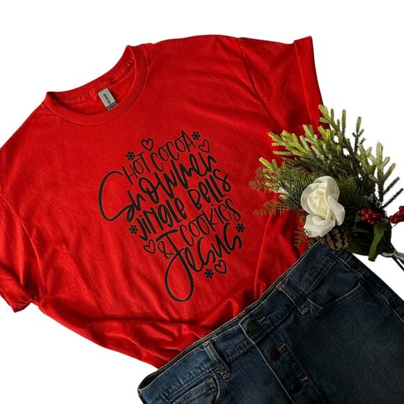 Christmas Holiday Womens Medium Red T-Shirt Crew Neck Short Sleeve Stretch - Picture 1 of 7